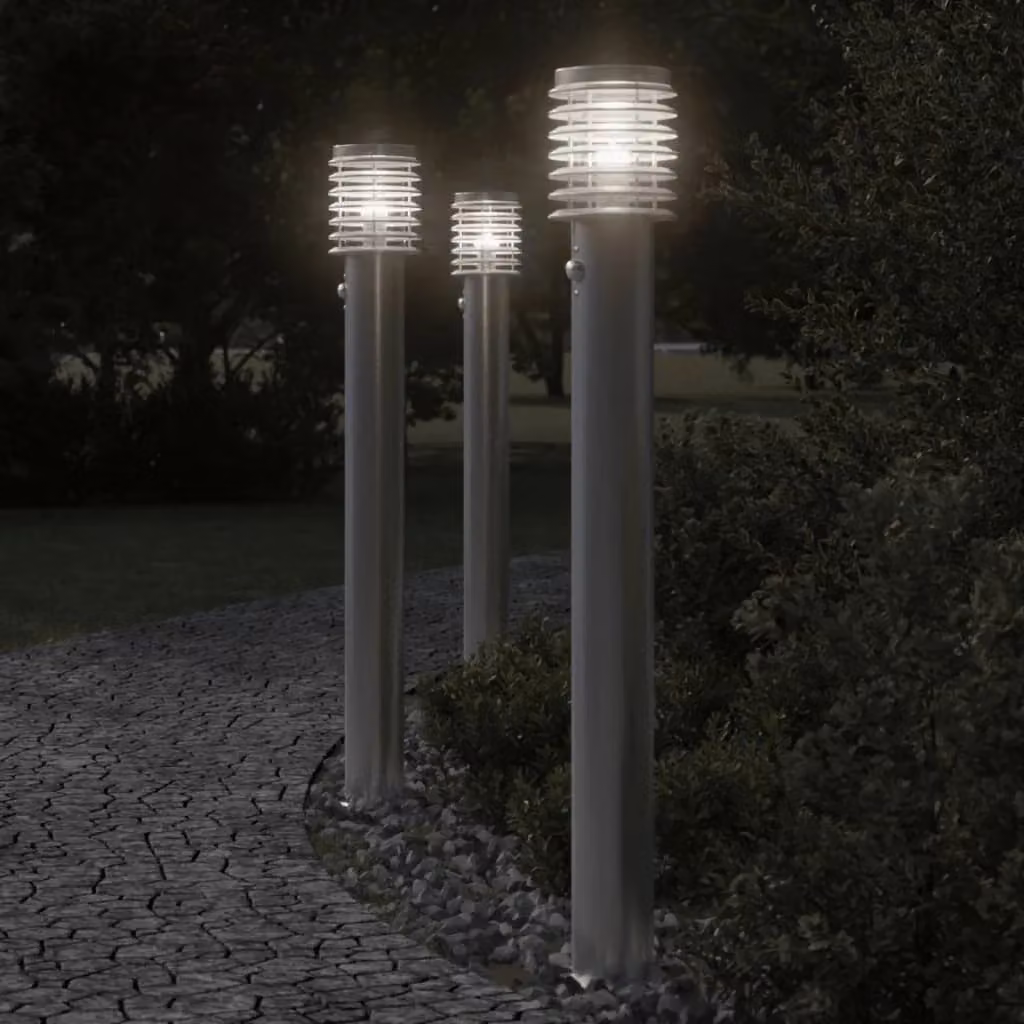 Set di 3 lampade da terra per esterni con sensore di movimento in acciaio inox argento – 2