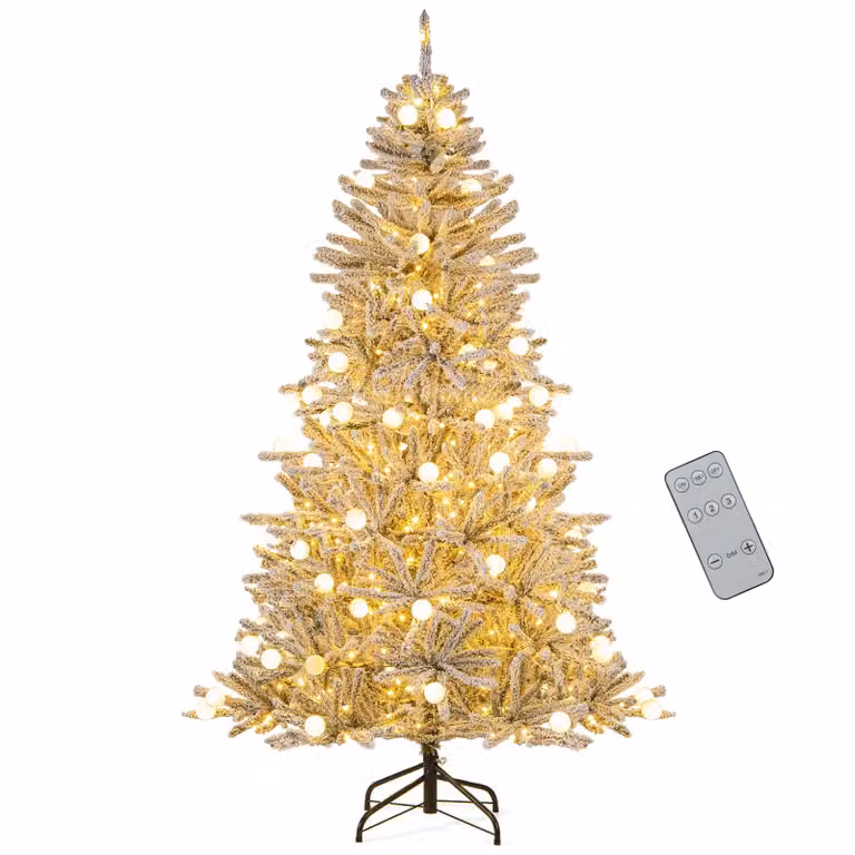 COSTWAY Albero di Natale artificiale da 180 cm con neve, 250 LED bianchi caldi, 51 luci a sfera, telecomando e timer, albero di Natale, albero di Natale di Natale