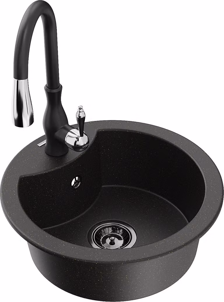 Mexen Diego lavello in granito 1 vasca con rubinetto da cucina Savita, nero/metallizzato oro - 6512-75-672601-70-B