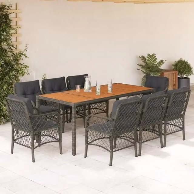 Set da Pranzo da Giardino vidaXL in Polyrattan e Legno di Acacia Grigio, 9 Pezzi