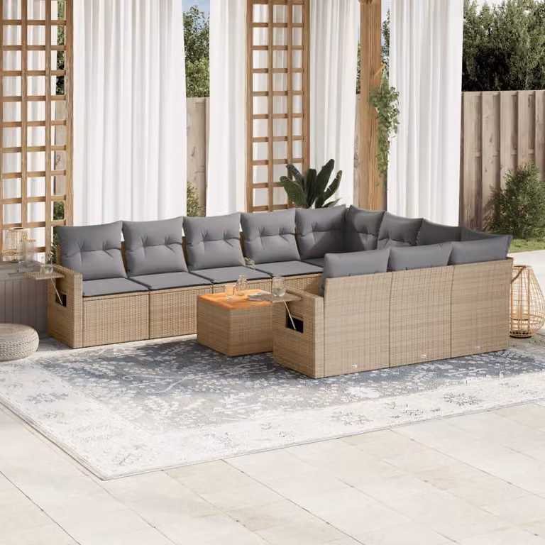 vidaXL Set Divani da Giardino 11 pz in Polyrattan con Cuscini Beige e Tavolino da Esterno