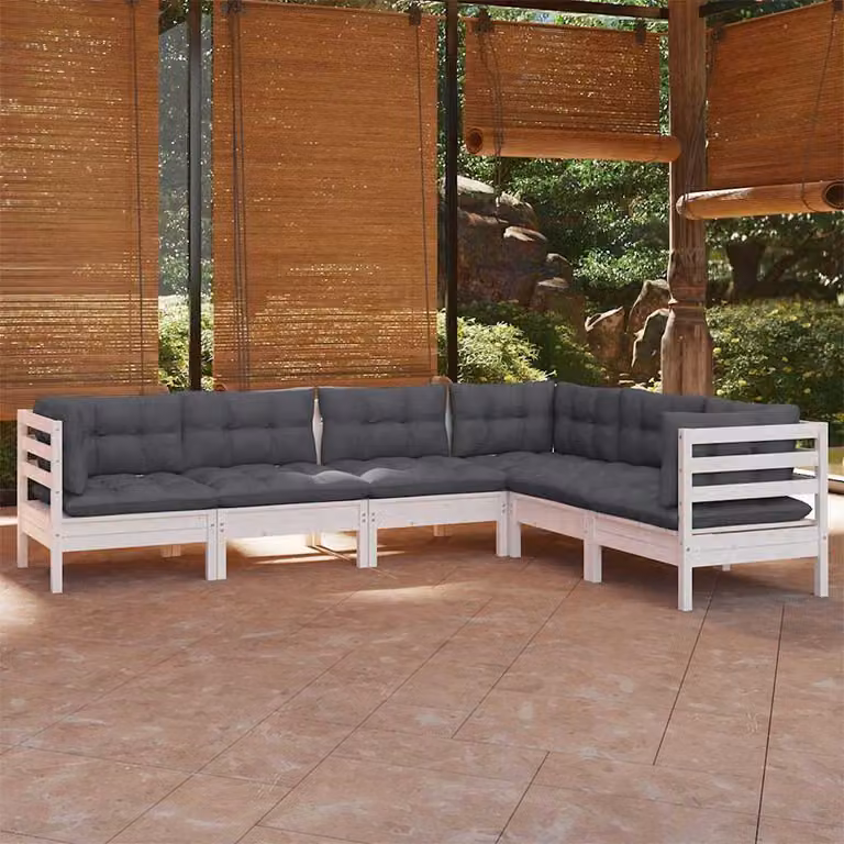 Set di divani da giardino vidaXL a forma di L composto da 6 pezzi in legno di pino con cuscini bianchi e grigi