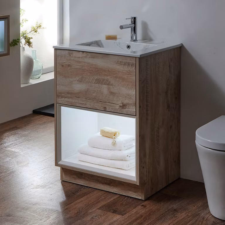 Mobile Bagno con Ripiano Aperto in Rovere Chiaro da 612mm con Lavabo Effetto Marmo e Luci LED