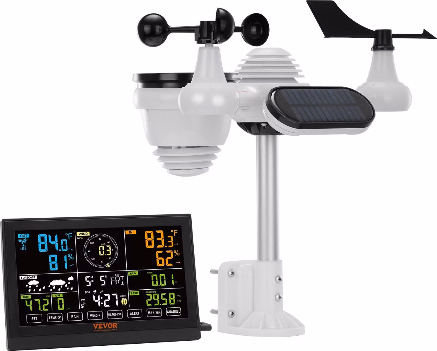 stazione meteo 7 in 1 Stazione meteo wireless con sensore esterno Display a colori da 7,5" Orologio atomico RCC per la misurazione della direzione del vento Velocità del vento Pressione dell'aria Temperatura e umidità interna/esterna Fasi lunari No WLAN