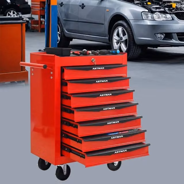 Carrello portautensili OKWISH in acciaio con 7 cassetti chiudibili e ruote, rosso nero, L: 60 cm, P: 33 cm, H: 77,5 cm