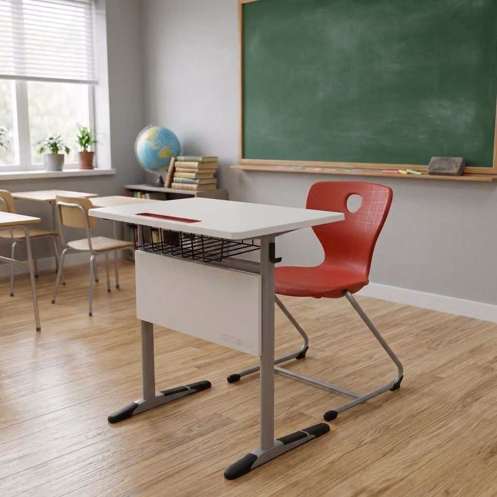 Set scolastico moderno ed ergonomico, grigio: banco rosso e sedia, tavolo singolo