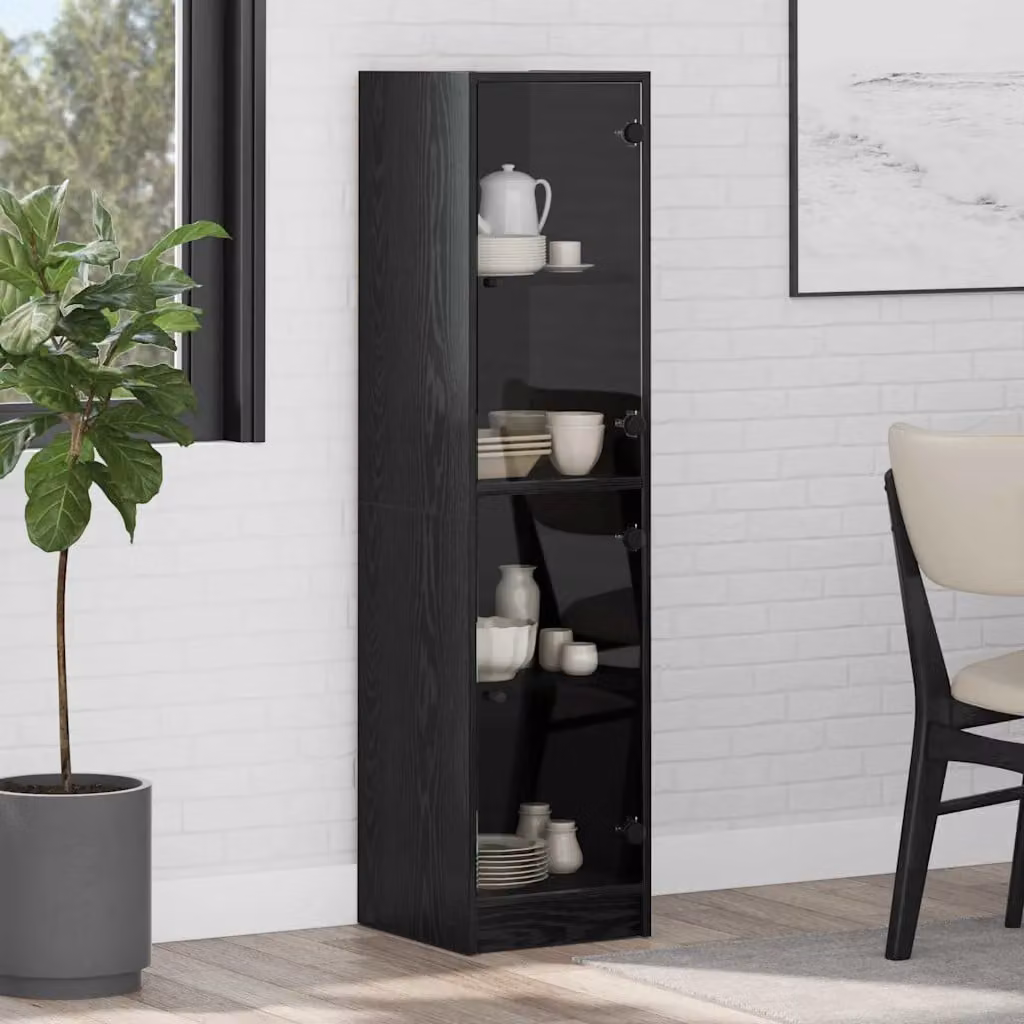 Credenza moderna vidaXL in legno e vetro nero con ante in vetro, L/P/H: 35 x 37 x 142 cm
