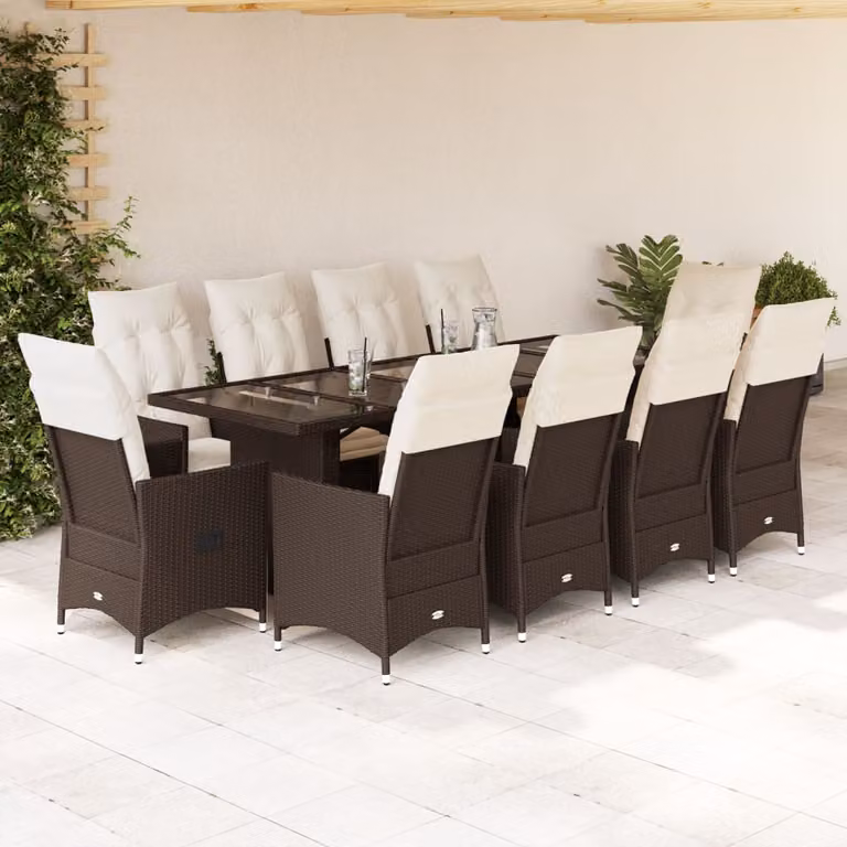 Set Bistrò da Giardino e Balcone vidaXL 11 pz in Polyrattan Marrone con Cuscini e Tavolo in Vetro