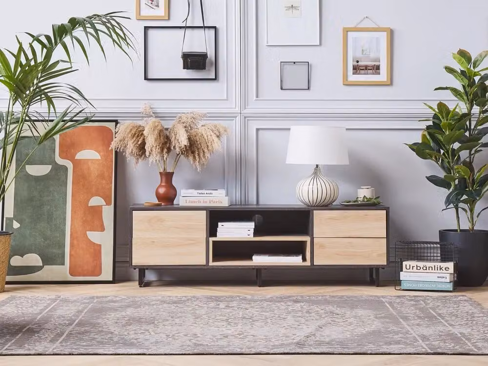 Mobile TV Beliani moderno in legno marrone con cassetti e scaffali per TV fino a 65 pollici, L: 140 cm, P: 40 cm, H: 44 cm – 2