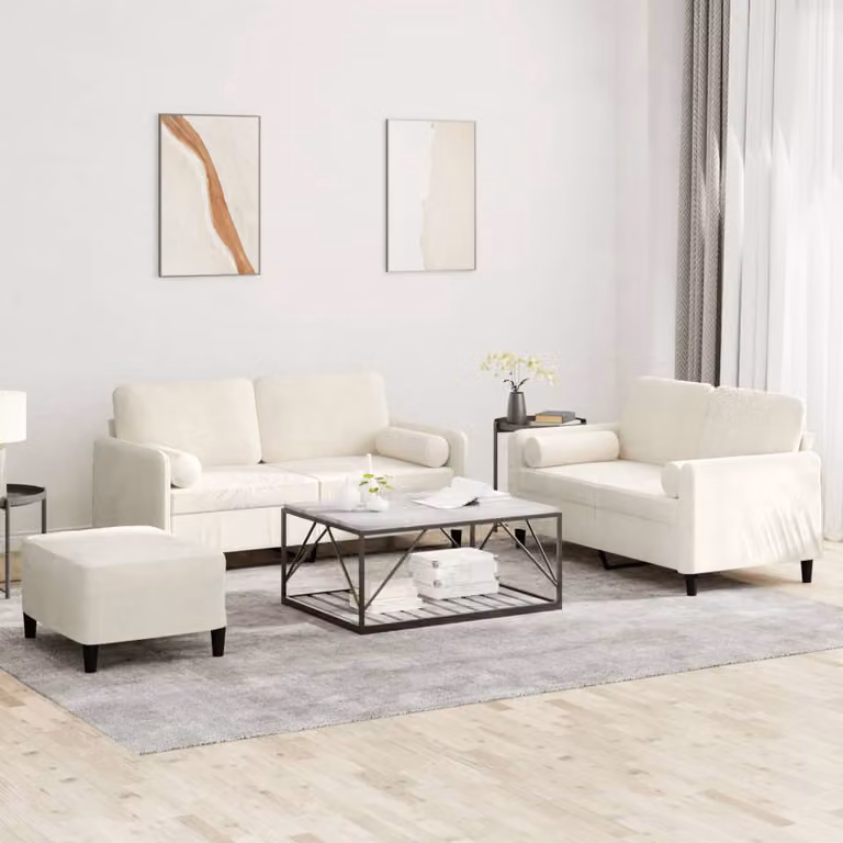 Set di divani 3 pezzi vidaXL in velluto beige e bianco con cuscini per il tuo soggiorno moderno