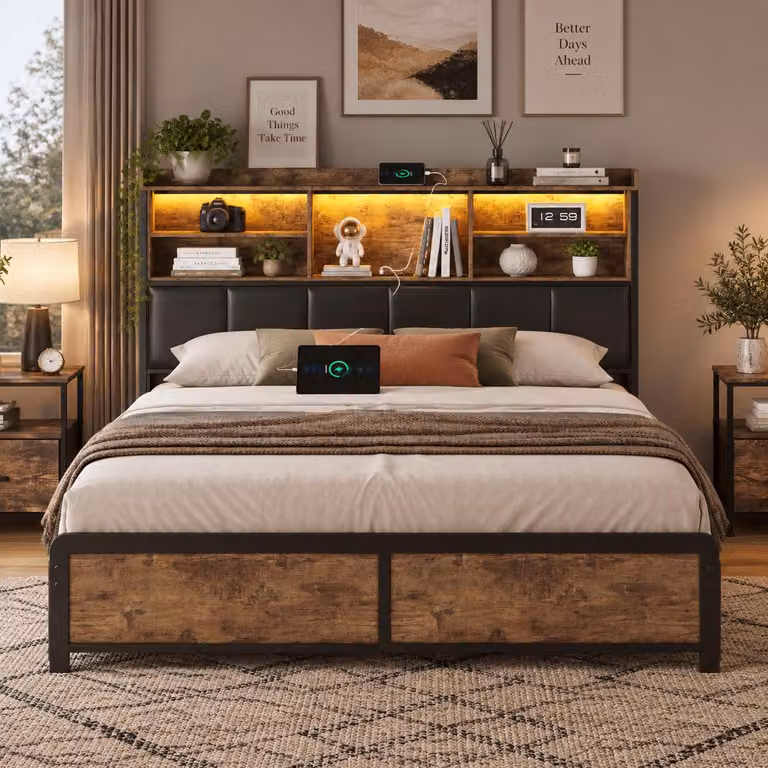 Letto imbottito INONEFT 160x200 con illuminazione LED e funzione di ricarica USB, struttura in metallo con 4 cassetti, letto matrimoniale con testiera contenitore, rivestito in PU, colore nero