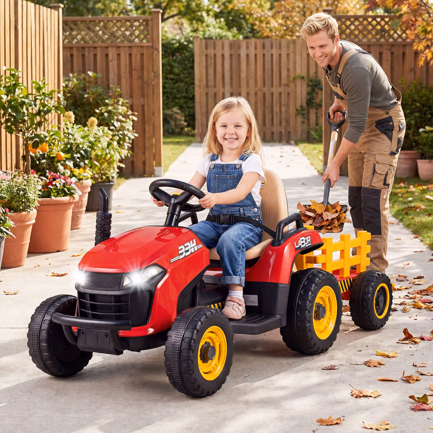 Costway Trattore elettrico per bambini 24V con rimorchio rimovibile telecomando e musica, Veicolo a batteria con luci LED per bambini 3+ anni Rosso