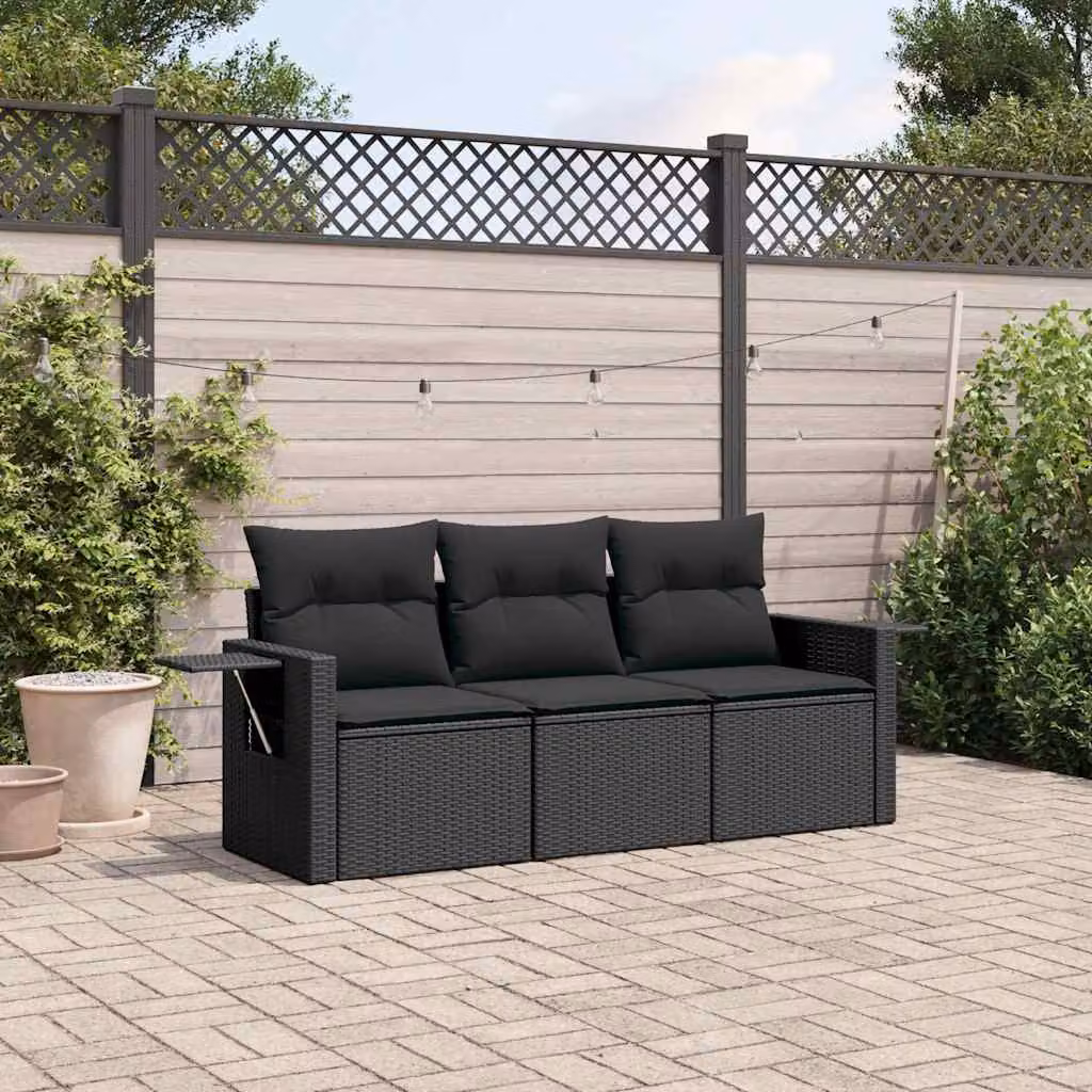 Set Divani da Giardino vidaXL in Polyrattan Nero con Cuscini e Tavolino da Esterno – 1