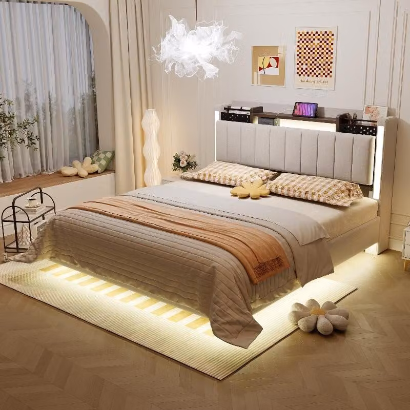 Letto imbottito 140x200 cm con illuminazione a LED, porta USB e testiera con spazio contenitore, rivestito in lino color beige, design sospeso