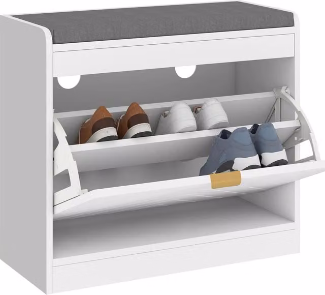 Banc à chaussures, banc de rangement, assise rembourrée, tiroir rabattable, porte avec motif 60 x 26 x 52,5 cm, blanc