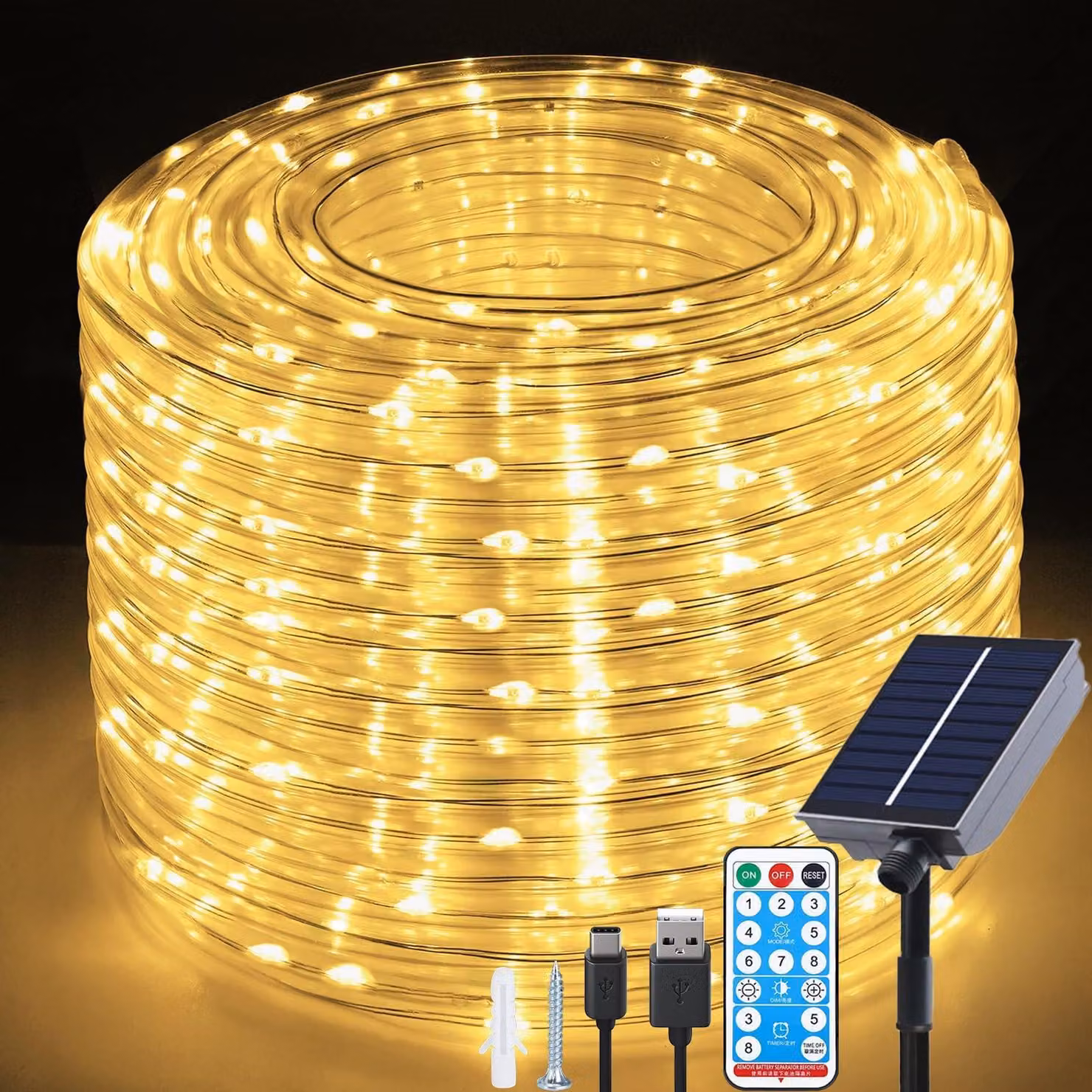 Luci a corda solari da esterno, 66 piedi (circa 20 metri), 200 LED, impermeabili, con alimentazione USB e telecomando