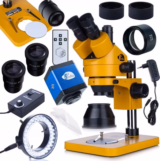 Mikroscopio Trinoculare 7–45x con Fotocamera HDMI FullHD + Lente Barlow 0.5x + Illuminatore LED 56x
