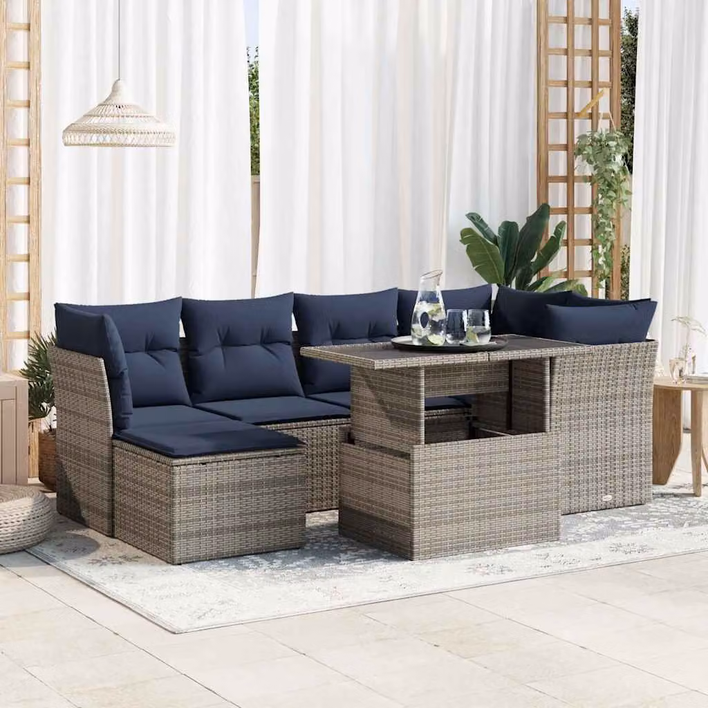 Set di divani da giardino vidaXL in polyrattan color acacia con 7 pezzi e cuscini grigi e blu