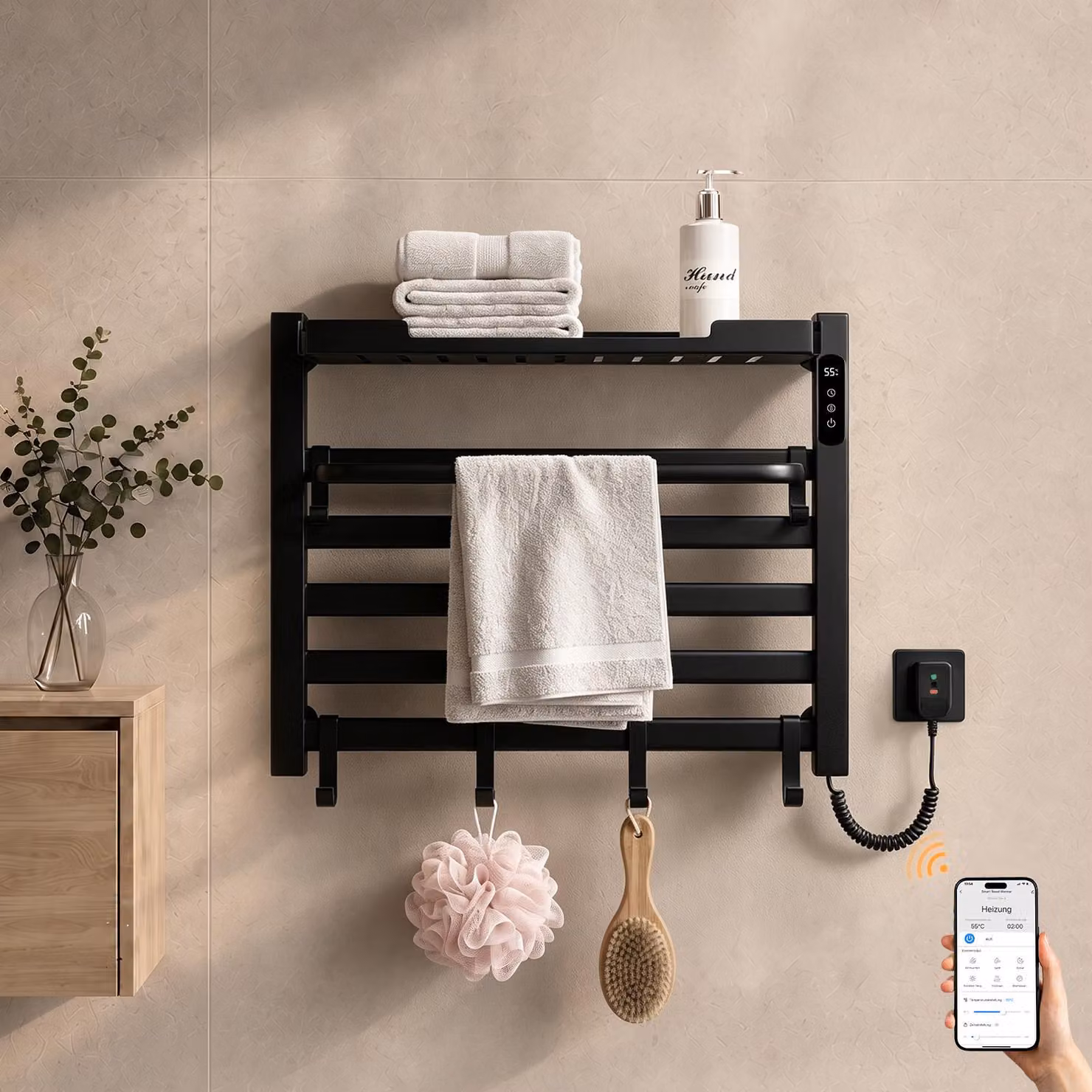 S'AFIELINA Scaldasalviette elettrico bagno con ripiano 450 × 600 mm 155 W Nero,Termoarredo elettrico bagno WiFi con app