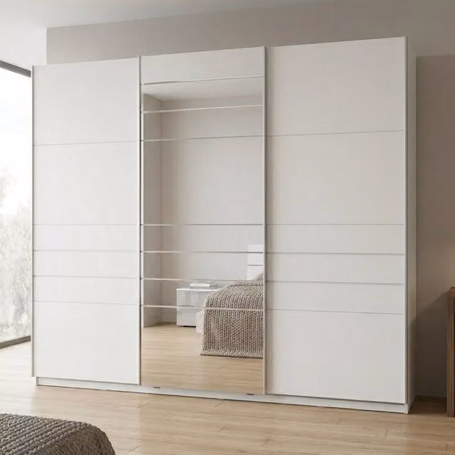 Armadio da camera da letto Carasco DMORA con ante scorrevoli e specchio, Bianco Opaco, L: 262.5 cm, H: 224 cm