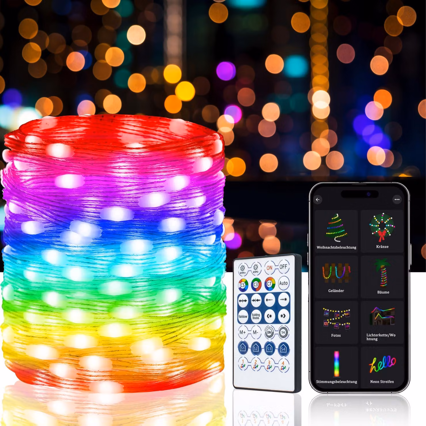Catena luminosa a LED, 10 metri, 100 lampadine, alimentazione USB, con telecomando, multicolore