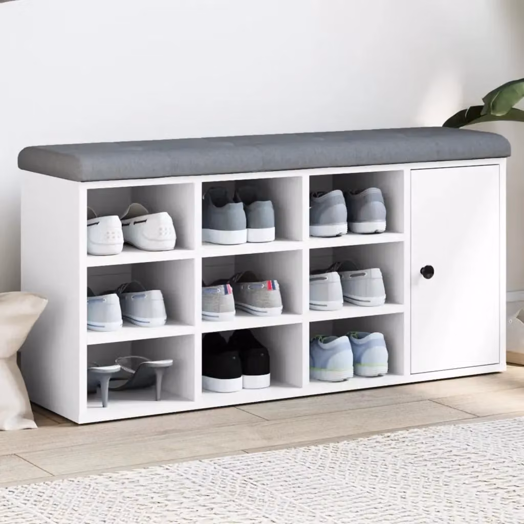 Panca porta scarpe moderna in legno con tessuto bianco e grigio L: 102 cm, P: 32 cm, H: 50 cm – 2
