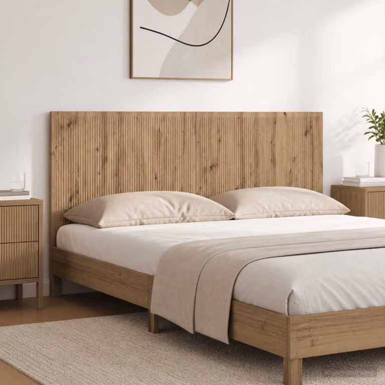 Testiera da muro vidaXL EDE in legno ingegnerizzato Rovere, con ripiano integrato e vani laterali, marrone opaco, L: 200 cm, H: 50 cm, P: 16,84 cm