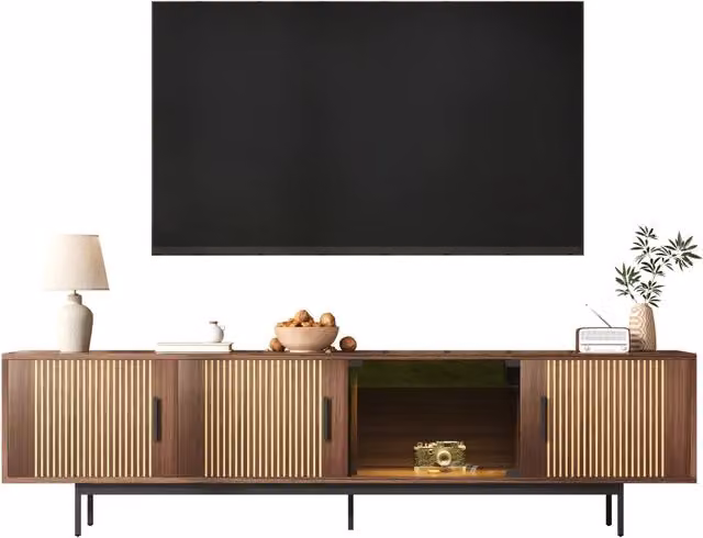 Mobile TV 200x35x53 cm Noce e Nero con LED Bluetooth App, Anta in Vetro Temperato e Portata 60 kg