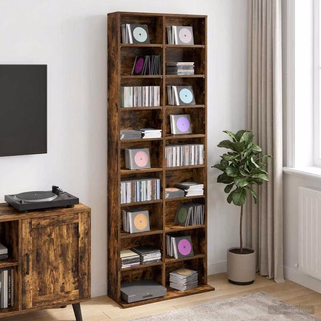 Mobile per CD vidaXL in Rovere Fumo con ripiani regolabili, L 65 x P 23,5 x H 175 cm