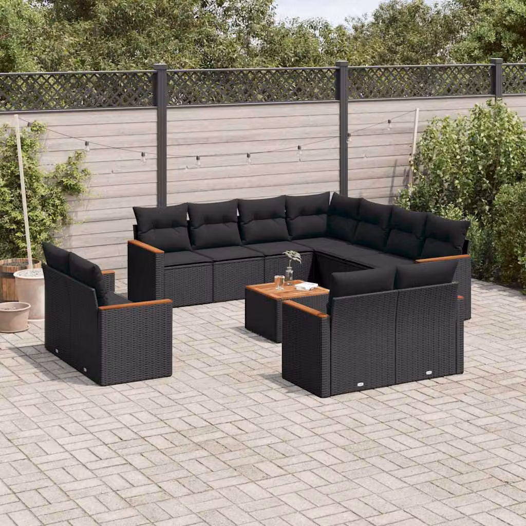 vidaXL Set Divani da Giardino a Forma di U in Polyrattan Nero con Cuscini e Tavolino da Caffè – 1