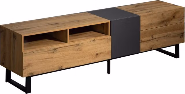 Mobile TV Chicfurn moderno in MDF con 2 ante, 2 cassetti e 2 vani con apertura push-open, L 180 cm x P 38 cm x H 50 cm, Nero – 1