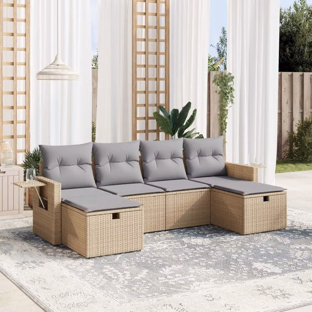 Set Divano da Giardino a L vidaXL 6 pz con Cuscini Beige e Grigio in Polyrattan e Metallo – 1