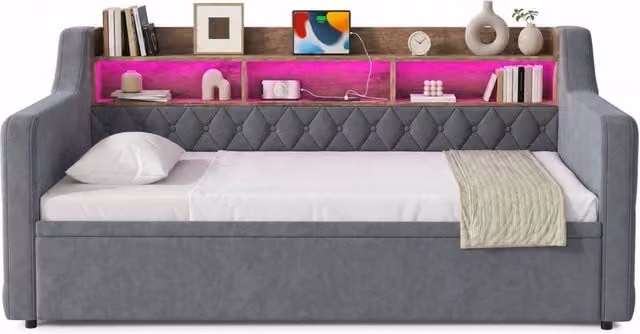 Divano letto estraibile 90x190 cm in velluto con LED; USB e Type-C; grigio scuro
