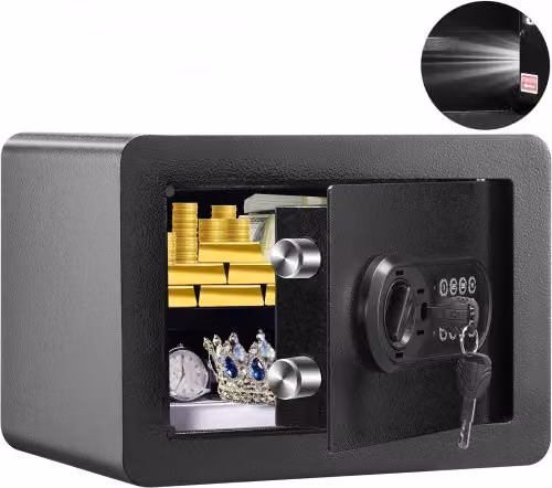 Cassaforte VEVOR per uso domestico con serratura a codice e chiavi, capienza 14 L, ripiani rimovibili e luce LED, colore nero, L/P/H: 25 x 25 x 35 cm
