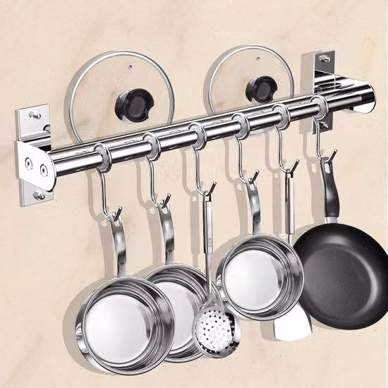 Gancio da cucina in acciaio inossidabile, 6 ganci con supporto per coltelli e coperchi, Ø 15 mm, 40 cm, portata superiore a 10 kg