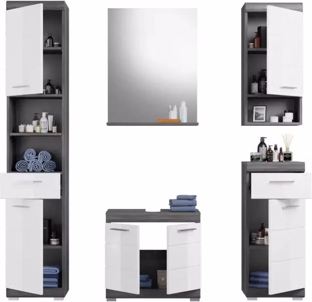 Set bagno SCOTT – Mobile sottolavabo, specchio, colonna e 2 mezze colonne – Grigio scuro e bianco