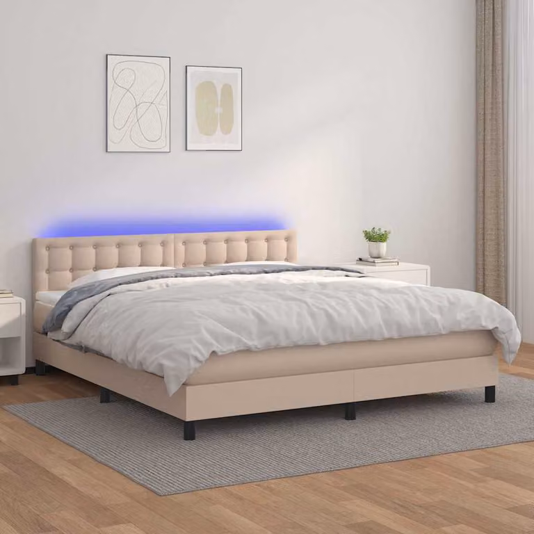 vidaXL Letto con Giroletto a Molle e Illuminazione LED in Similpelle Cappuccino L/P: 160 x 200 cm
