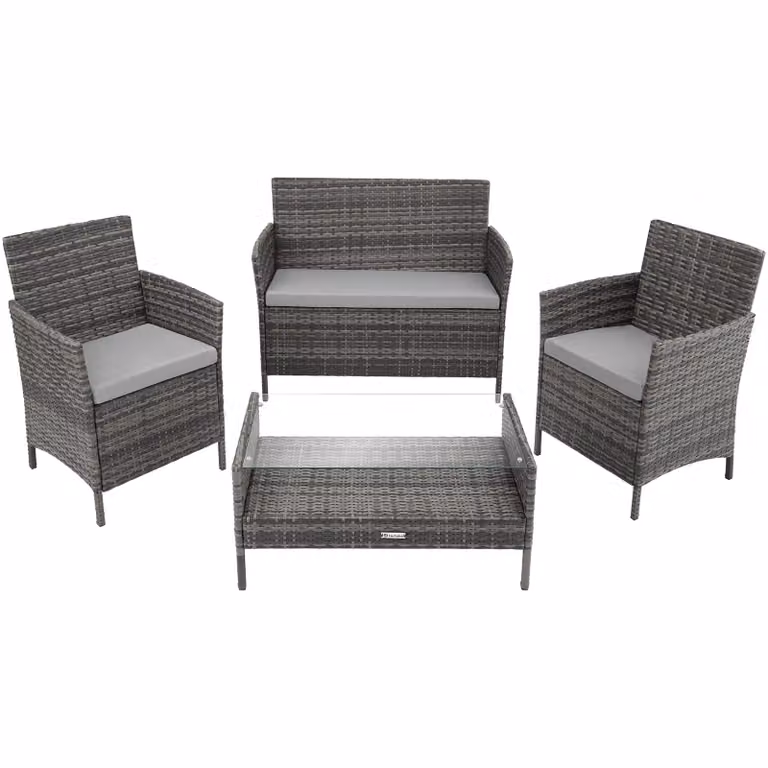 Set da giardino moderno Tectake Madeira in rattan grigio con divano a 2 posti, poltrona lounge, tavolino da caffè e cuscini inclusi