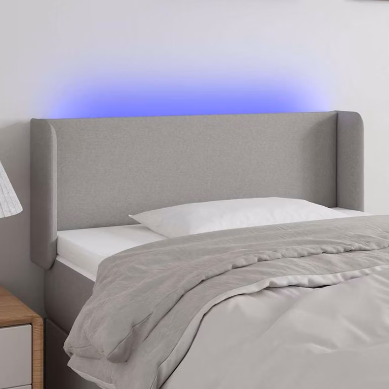 Testiera per letto vidaXL in tessuto grigio chiaro con illuminazione LED e porta di ricarica USB, L: 93 cm, P: 16 cm, H: 78-88 cm