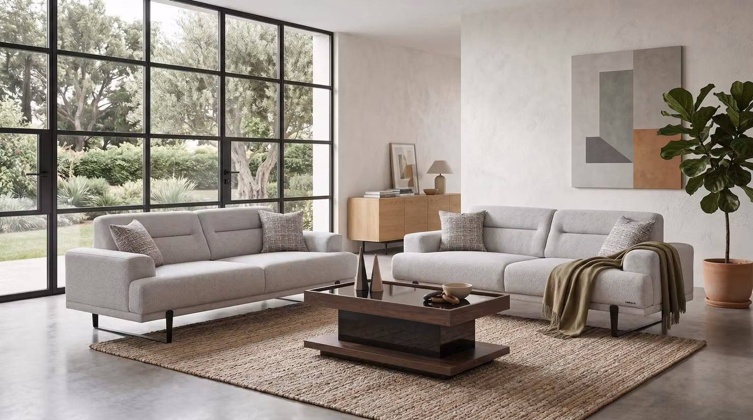 Set elegante per soggiorno, composto da 2 divani a 3 posti con un design raffinato