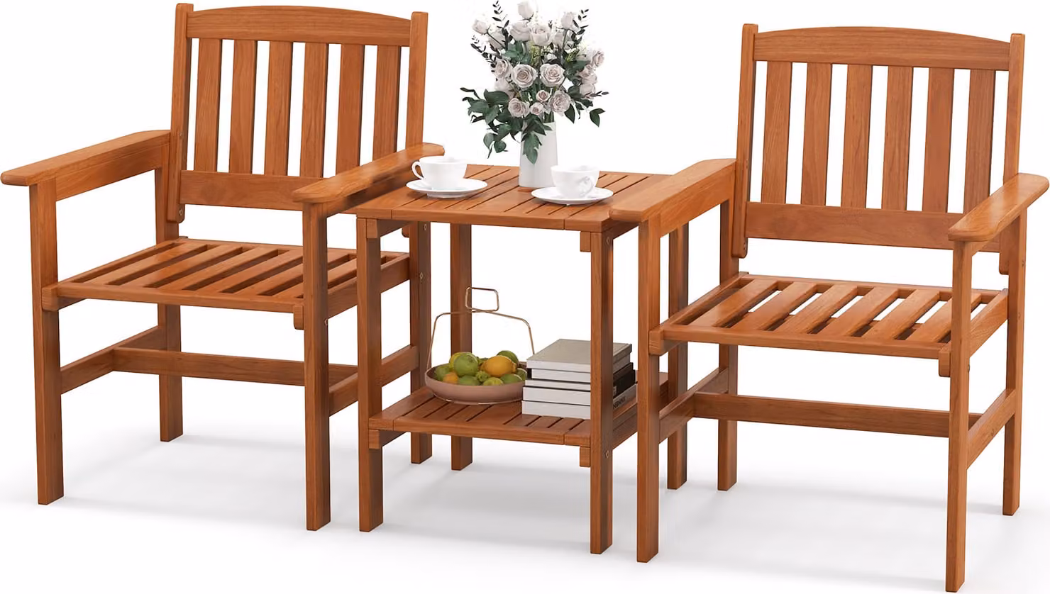 COSTWAY Set bistrot da 3 pezzi per il patio, set da salotto in legno con 2 sedie, tavolo e foro per ombrellone, piccolo set da salotto