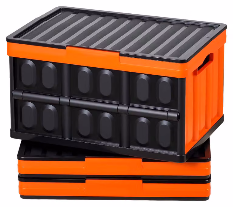 Set da 3 contenitori pieghevoli SucceBuy da 45 L, contenitori pieghevoli in plastica con coperchio, cestini impilabili, portata massima di 20 kg per contenitore, pratici contenitori pieghevoli per l'organizzazione della casa, arancione e nero
