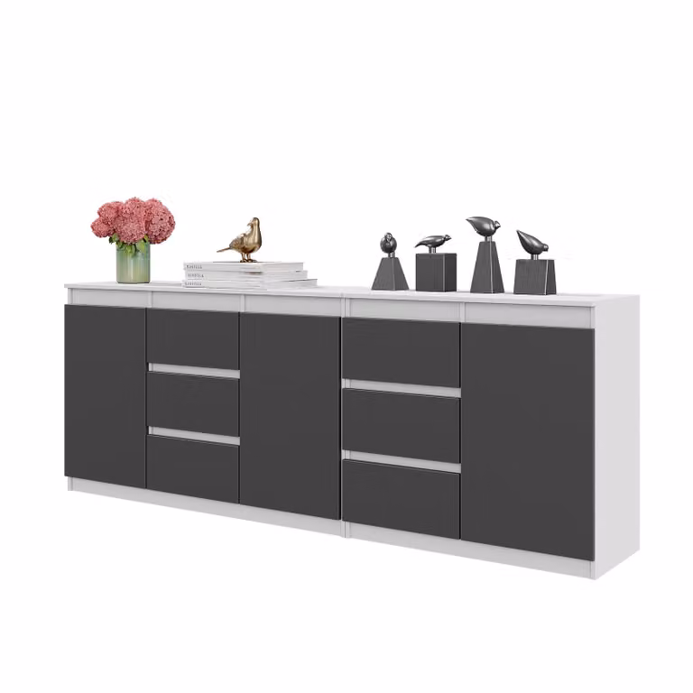 CASSETTIERA 200 CM - Bianco Opaco / Antracite, 6 Cassetti, 3 Porte, 3 Ripiani, Set Di Due Kommode, Per Soggiorno