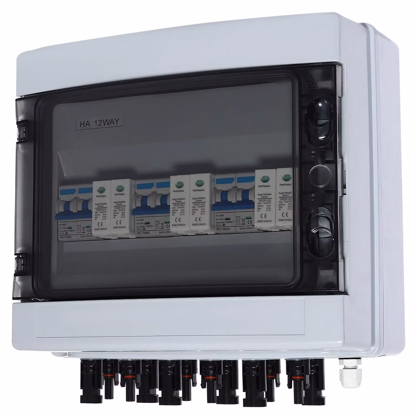 Scatola combinatore solare - Scatola combinatore fotovoltaico - 3 ingressi, 3 uscite - Interruttore di protezione DC 40 A 1000 V - Grado di protezione IP65 IK10 - Dispositivo di protezione contro le sovratensioni SP-D2 - Bianco
