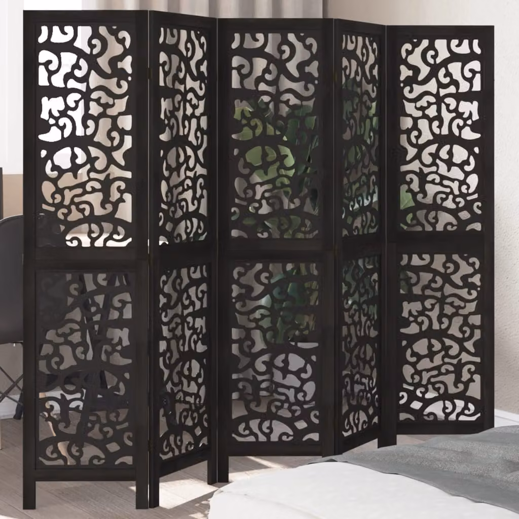 Divisorio Ambienti vidaXL con 5 Pannelli in Legno Massello di Paulownia, Colore Nero, H: 180 cm, L: 160 cm