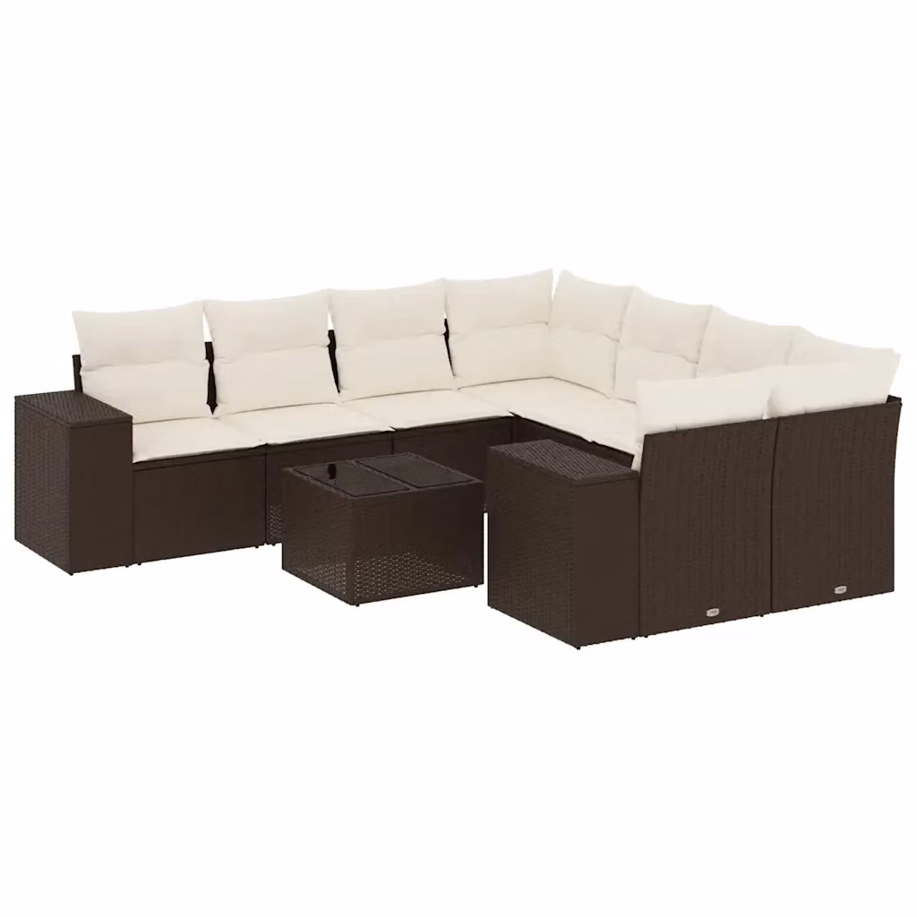 vidaXL Set Divani da Giardino 9 Pezzi in Polyrattan Marrone con Cuscini e Tavolino da Esterno – 2