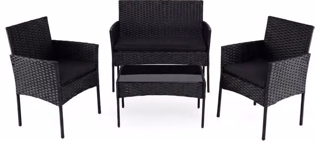 Salotto da giardino in rattan 4 pz con divano poltrone e tavolino vetro, Set esterno con cuscini per balcone terrazzo e patio Nero