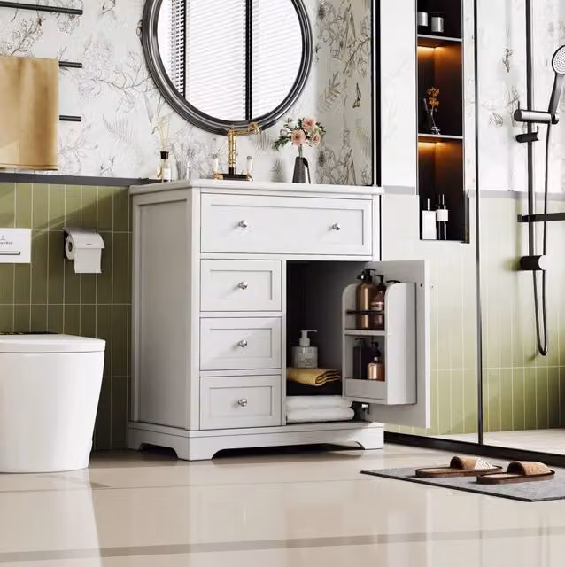 Mobile bagno a pavimento ULEVR 76x46x87 cm con lavabo in ceramica, 4 cassetti e anta, bianco