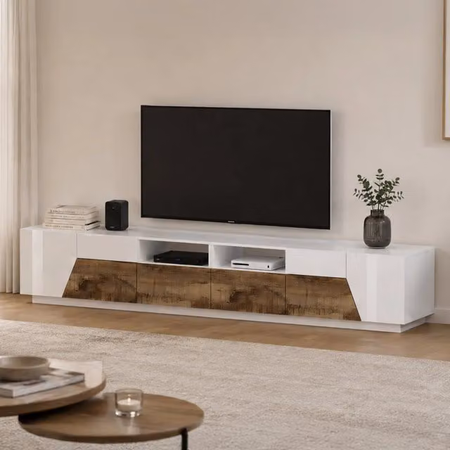 Credenza da soggiorno DMORA Porta Asdrubale con 4 ante geometriche e 2 cassetti, Bianco lucido e Acero, L: 260 cm, H: 43 cm, P: 46 cm – 1