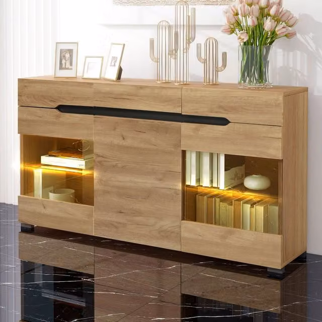 Credenza Mivray in rovere marrone con illuminazione LED integrata, ante in acrilico e 3 cassetti, L: 140 cm, P: 35 cm, H: 80 cm